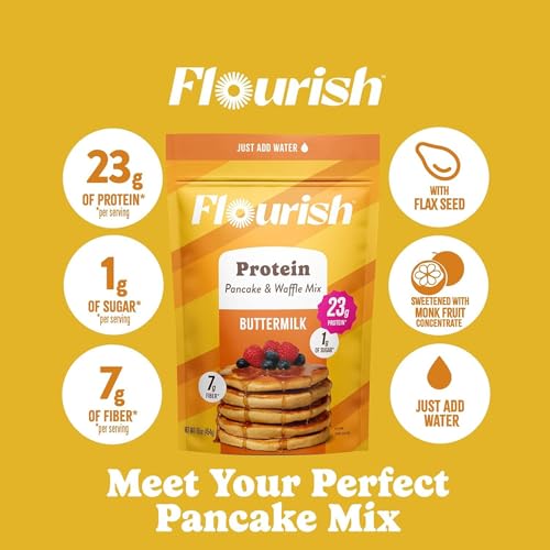 Flourish Protein Pancake & Waffle Mix, with Whey Protein & Flax Seed, No Added Sugar, High in Protein & Fiber - Just Add Water