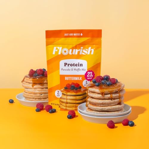 Flourish Protein Pancake & Waffle Mix, with Whey Protein & Flax Seed, No Added Sugar, High in Protein & Fiber - Just Add Water