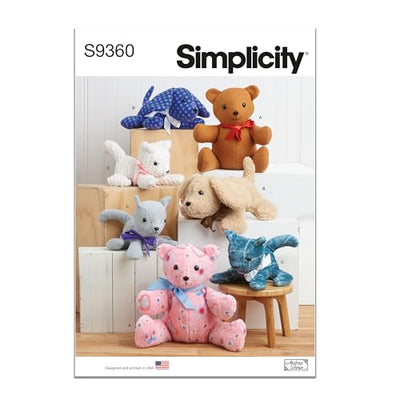 Simplicity SS9360OS UNDEFINED Stuffed Craft Adorable Plush 18" Bear, 12" Long Puppy and 10" Long Kitty are Super Easy to sew, White