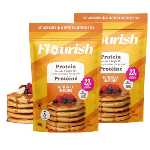 Flourish Protein Pancake & Waffle Mix, with Whey Protein & Flax Seed, No Added Sugar, High in Protein & Fiber - Just Add Water