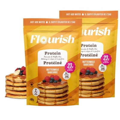 Flourish Protein Pancake & Waffle Mix, with Whey Protein & Flax Seed, No Added Sugar, High in Protein & Fiber - Just Add Water