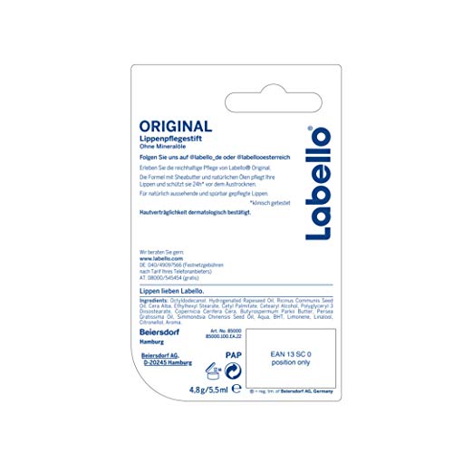 Labello Original Lip Balms - Pack of 6 (6 x 4.8 g), Naturally Beautiful Lips, No Mineral Oils