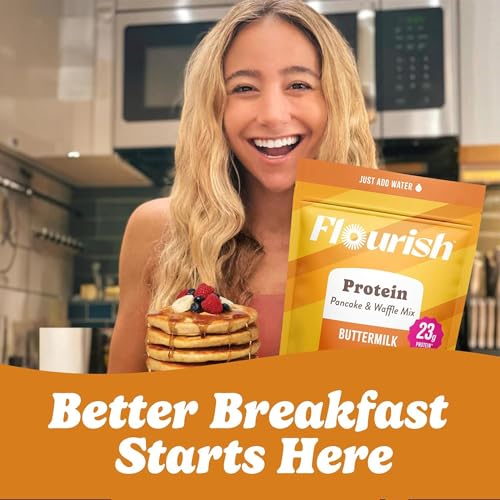 Flourish Protein Pancake & Waffle Mix, with Whey Protein & Flax Seed, No Added Sugar, High in Protein & Fiber - Just Add Water