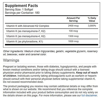 Vitacost Ultra Vitamin K with Advanced K2 Complex - 180 Softgels