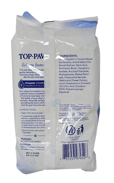 TOP PAW Ear and Eye Wipes Unscented, 100 Count, for Dogs