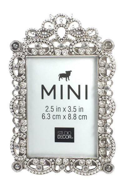 Bejeweled Silver Tone Metal Mini Picture Frame, 2.5" x 3.5"