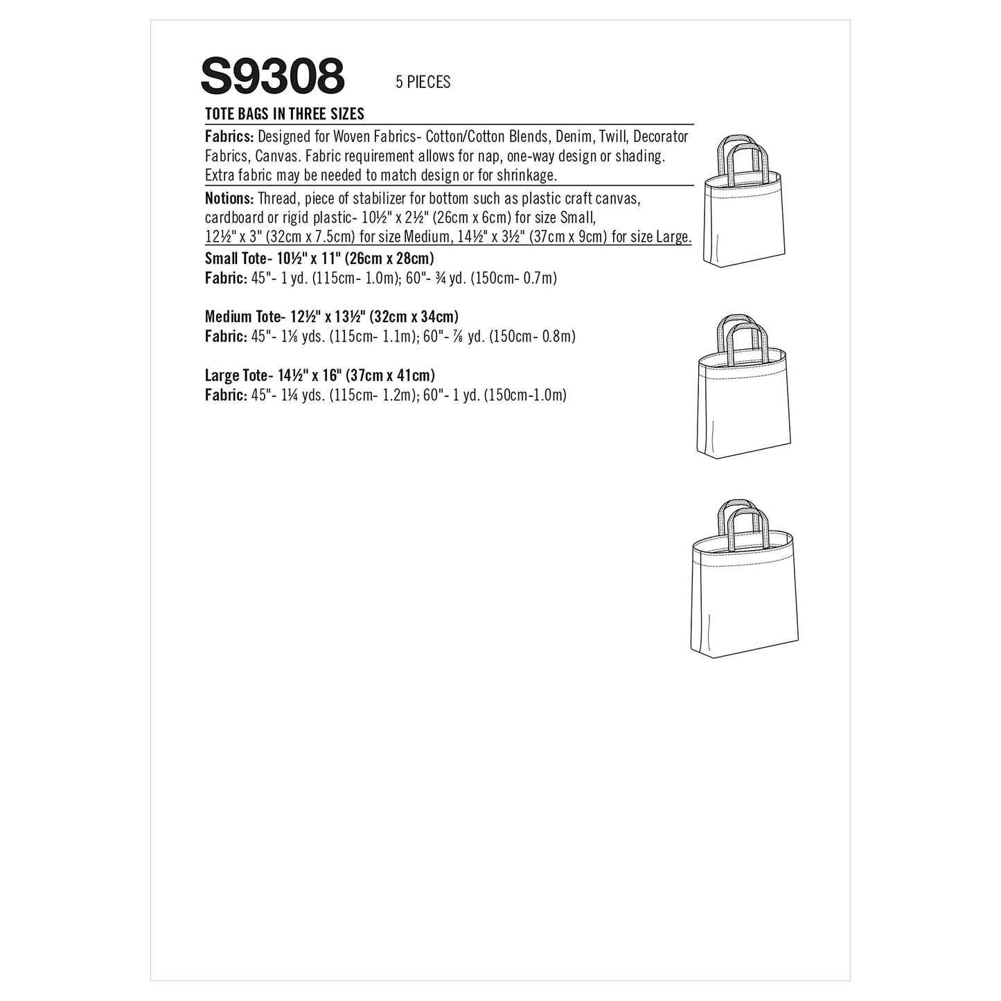 Simplicity Unlined Tote Bag Packet, Code 9308 Sewing Pattern, One Size, White, (SS9308OS)
