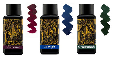 Diamine Fountain Pen Ink Bundle - Writers Blood, Midnight Blue & Green Black - 30 ml (3 Pack)