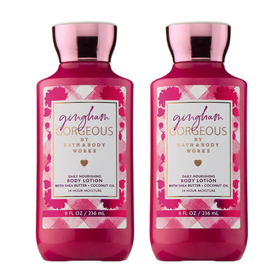 Bath & Body Works Gingham Gorgeous Body Lotion, Lightweight Daily Moisturizer with Shea Butter & Coconut Oil – Pink Strawberries, Peony Blooms, and Peach Nectar Scent, 8 fl oz - 2 Pack