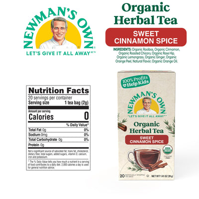 Newman's Own Organic Sweet Cinnamon Spice Herbal Tea with Rooibos Tea with Organic Ginger 20 Individually Wrapped Tea Bags Per Box USDA Certified and Kosher Cinnamon Tea Caffeine-Free
