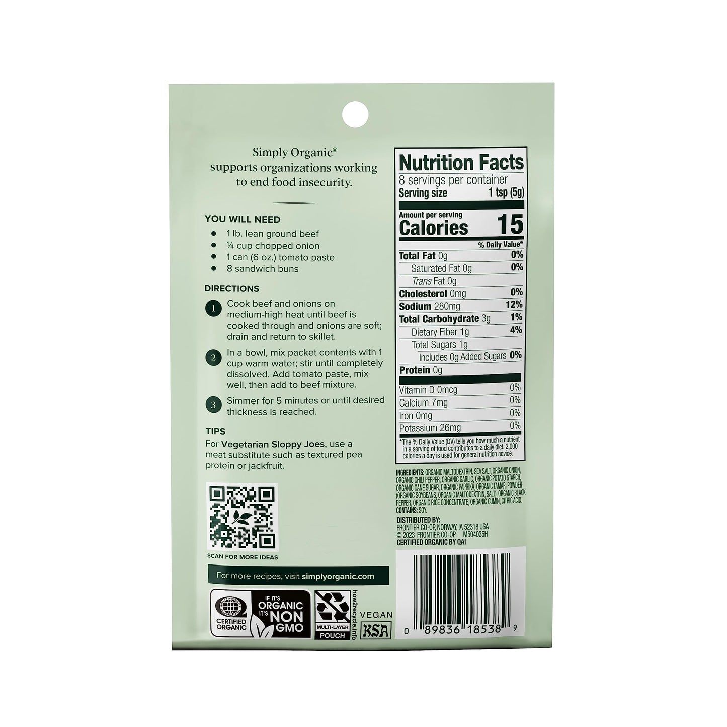 Simply Organic Sloppy Joe, Certified Organic, Kosher, Chili Mixes